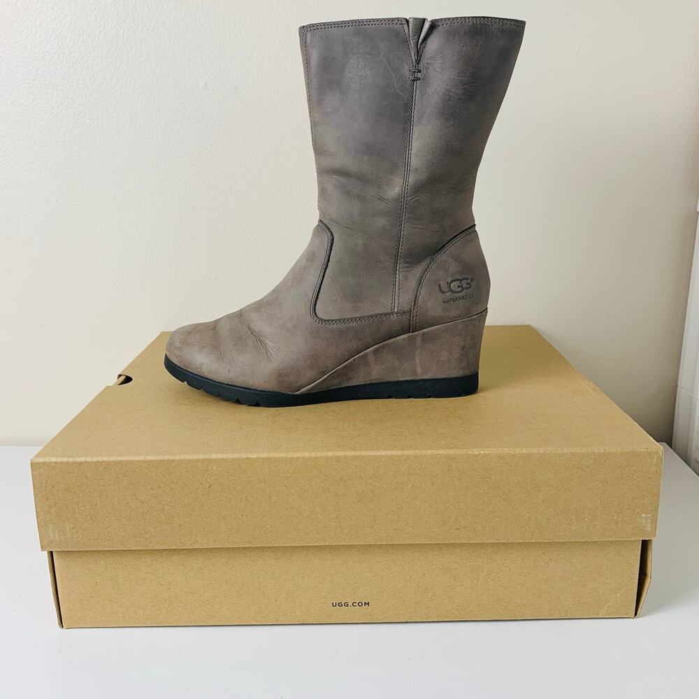 UGG Joely Women’s Size 8 Charcoal Gray Waterproof Leather Wedge Mid Calf Boots
